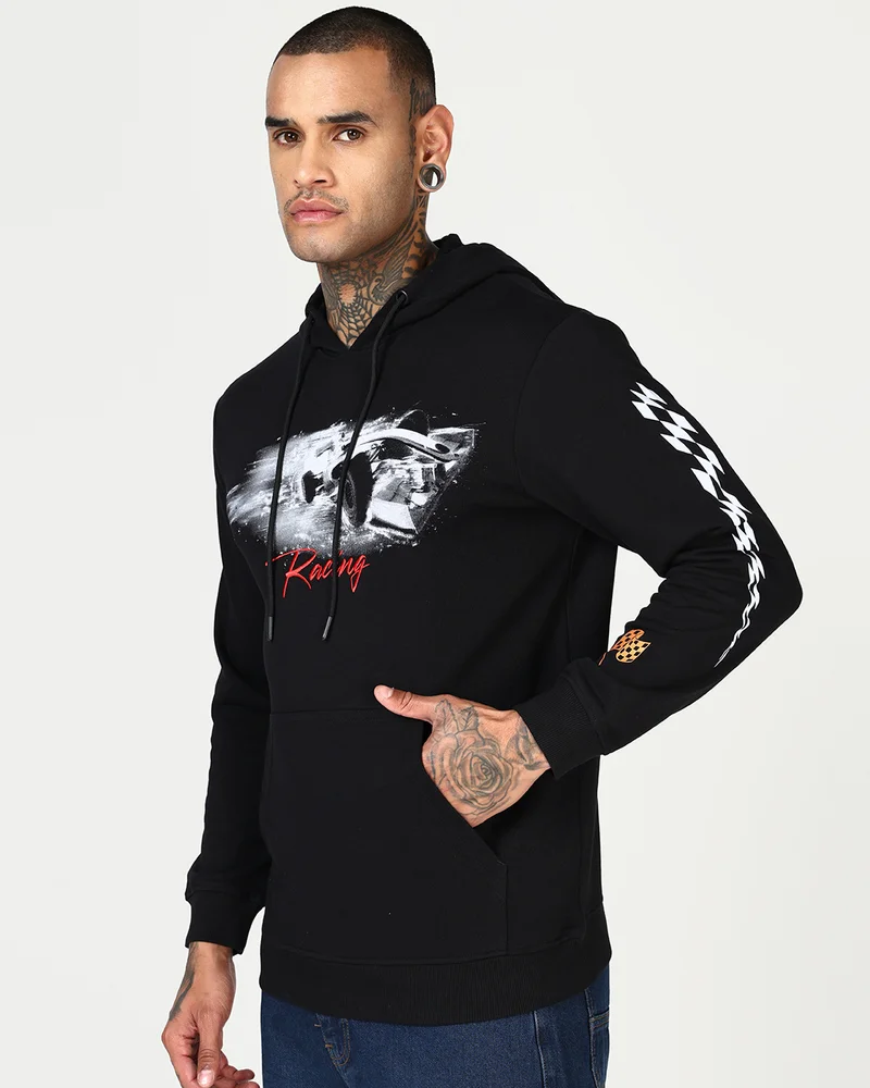 bewakoof Men's Jet Black Turbo  Graphic Printed Hoodies